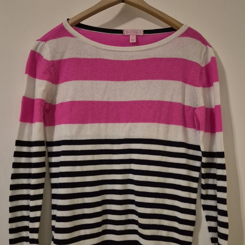 Lilly Pulitzer Striped Pink Navy Sweater M Nautical Preppy Coastal Grandmother